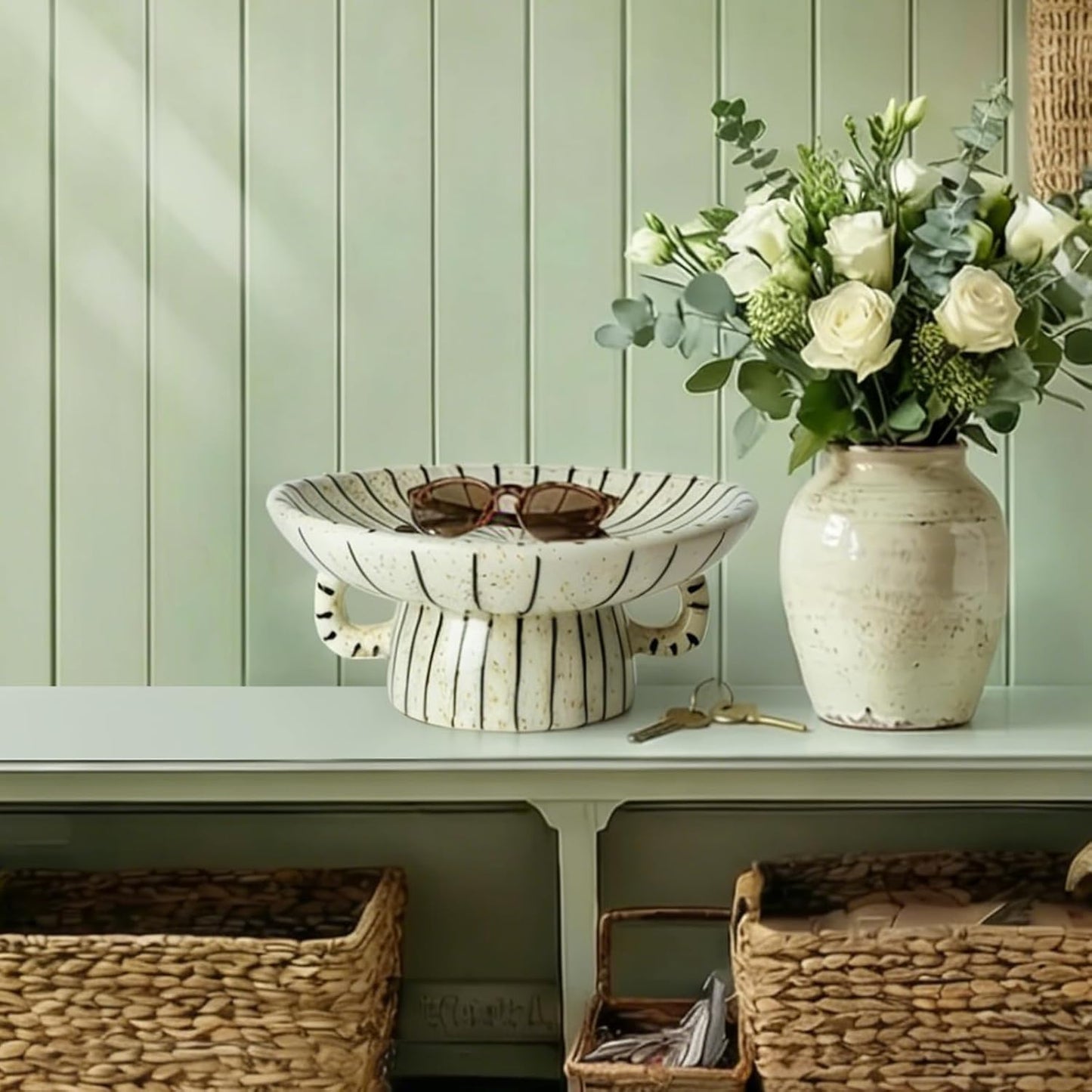 DOWAN 10.5'' Large Decorative Bowls, Handcrafted Ceramic Bowls for Home Decor, Centerpieces for Tables, Chic Key Holder for Entry Table, Unique Hand-painted Modern Art Deco Bowl