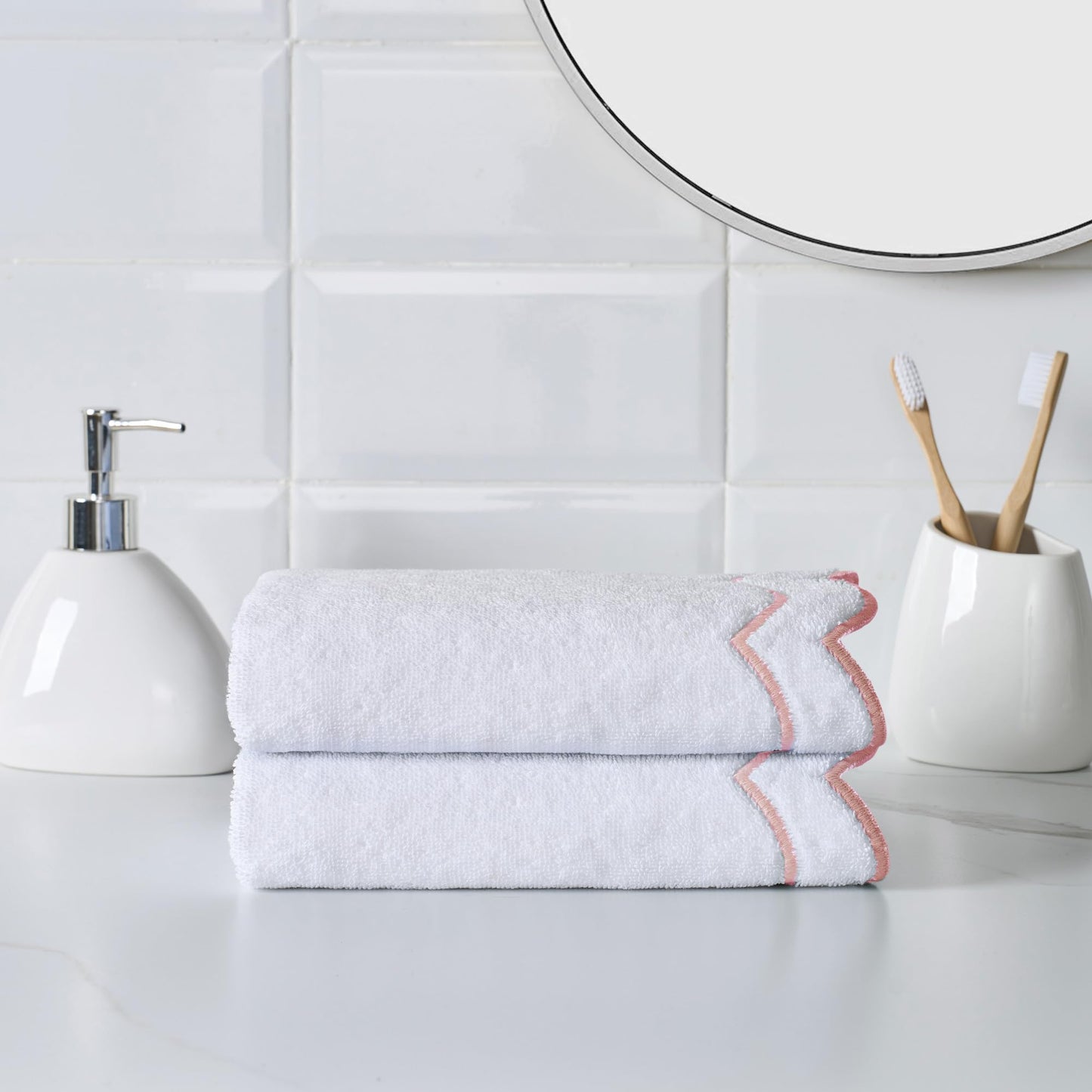 Peri Home 100% Cotton Hand Towel for Bathroom, Embroidered, Soft & Absorbent, 500 GSM, 1 Piece, 16" x 27", White with Blue Scallop