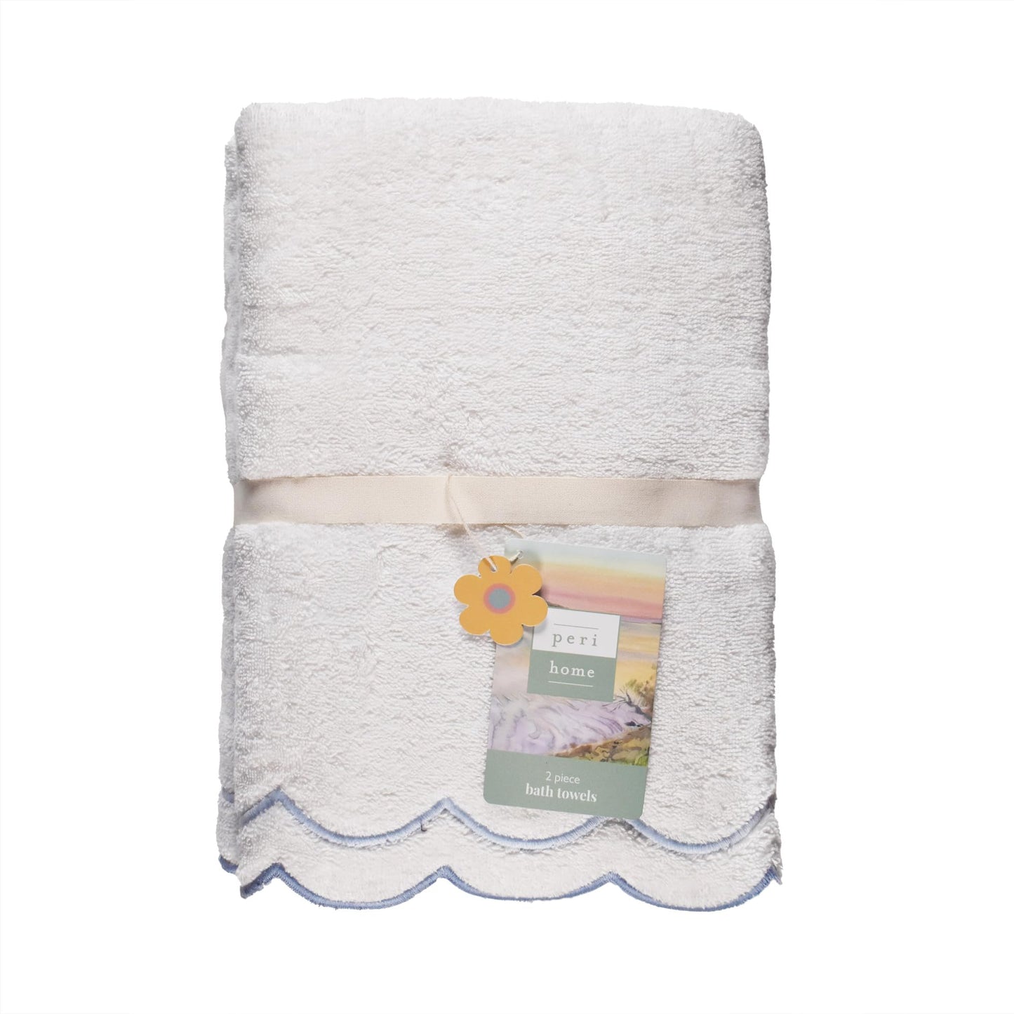 Peri Home 100% Cotton Hand Towel for Bathroom, Embroidered, Soft & Absorbent, 500 GSM, 1 Piece, 16" x 27", White with Blue Scallop