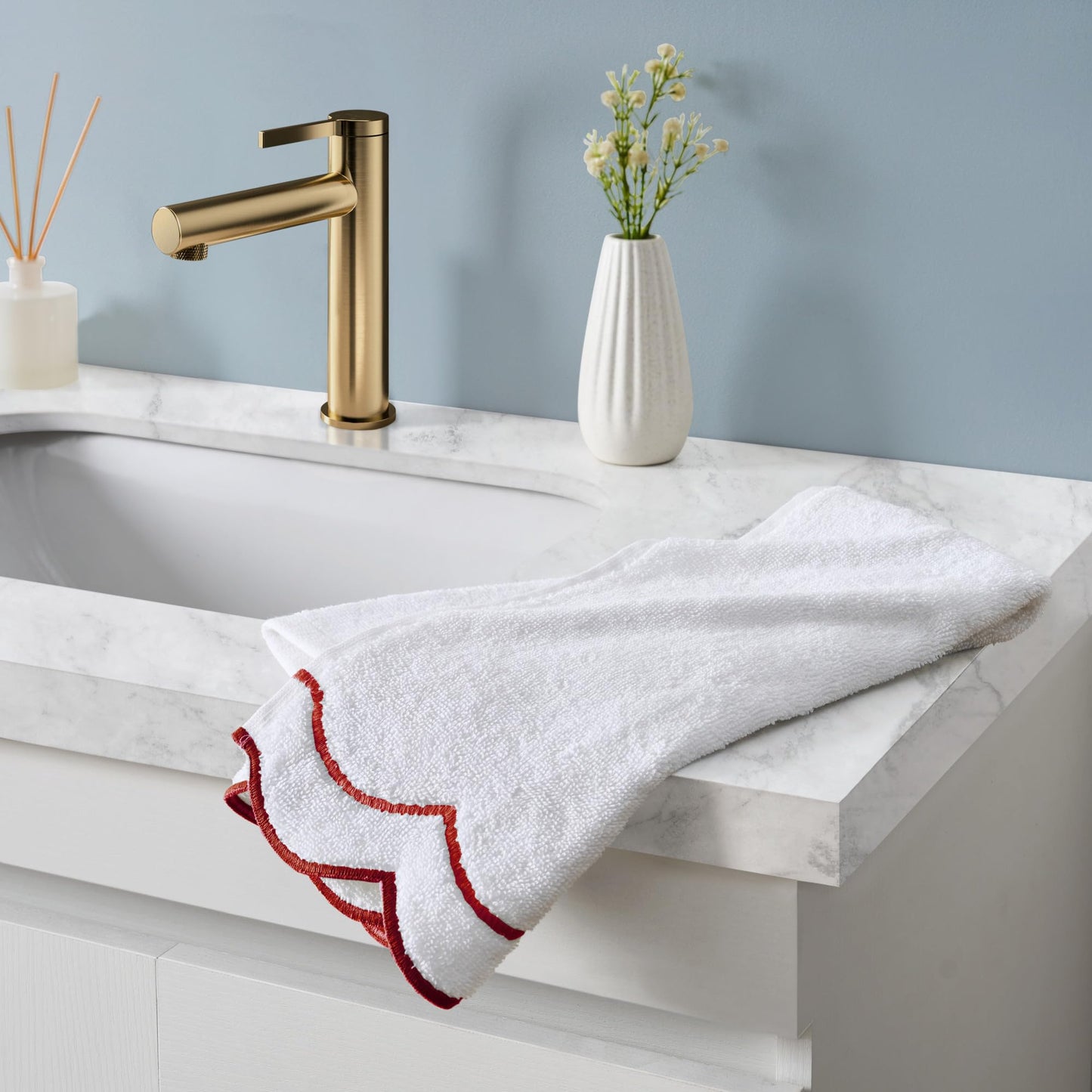 Peri Home 100% Cotton Hand Towel for Bathroom, Embroidered, Soft & Absorbent, 500 GSM, 1 Piece, 16" x 27", White with Blue Scallop