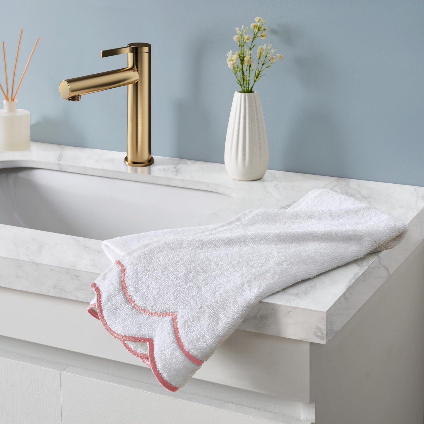 Peri Home 100% Cotton Hand Towel for Bathroom, Embroidered, Soft & Absorbent, 500 GSM, 1 Piece, 16" x 27", White with Blue Scallop