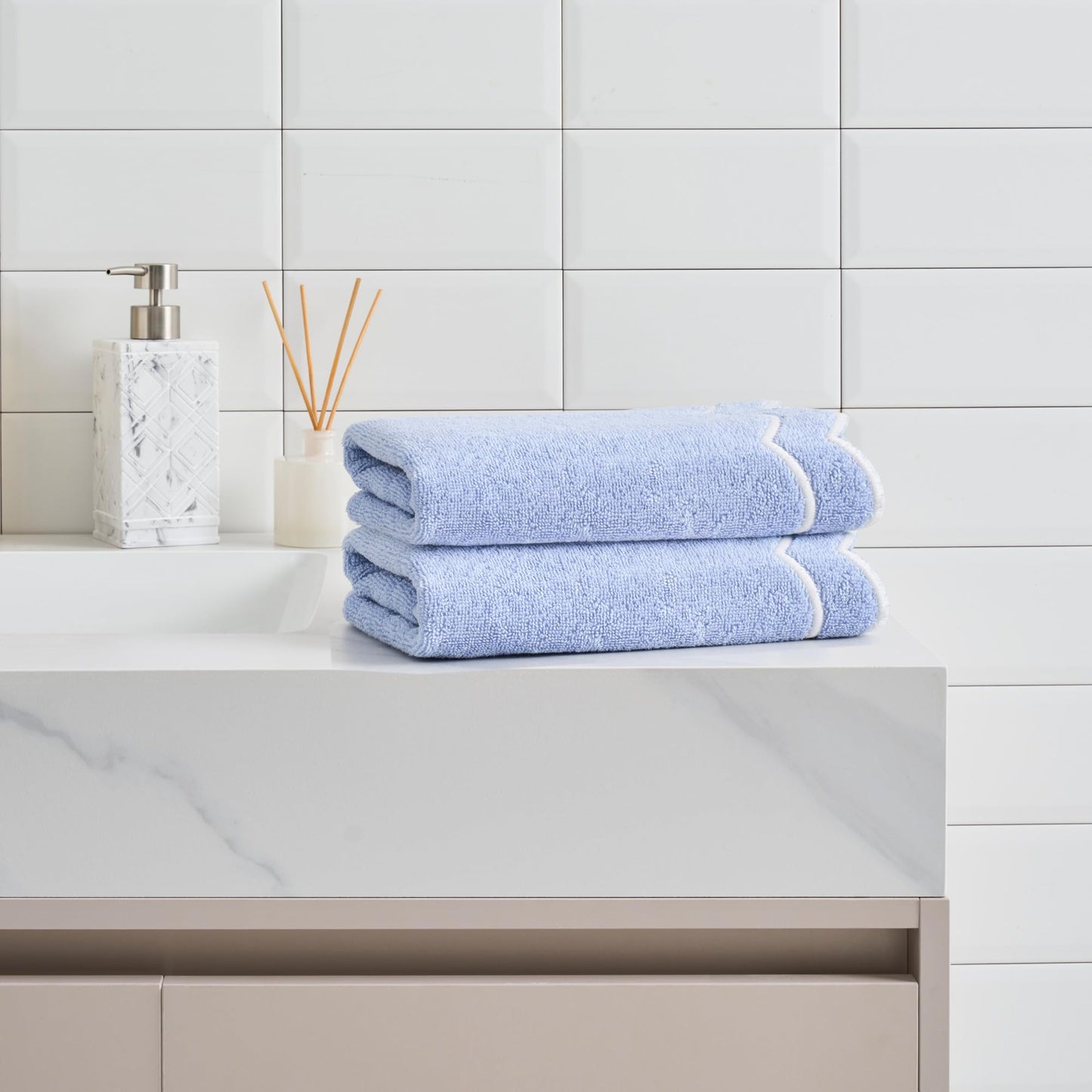 Peri Home 100% Cotton Hand Towel for Bathroom, Embroidered, Soft & Absorbent, 500 GSM, 1 Piece, 16" x 27", White with Blue Scallop
