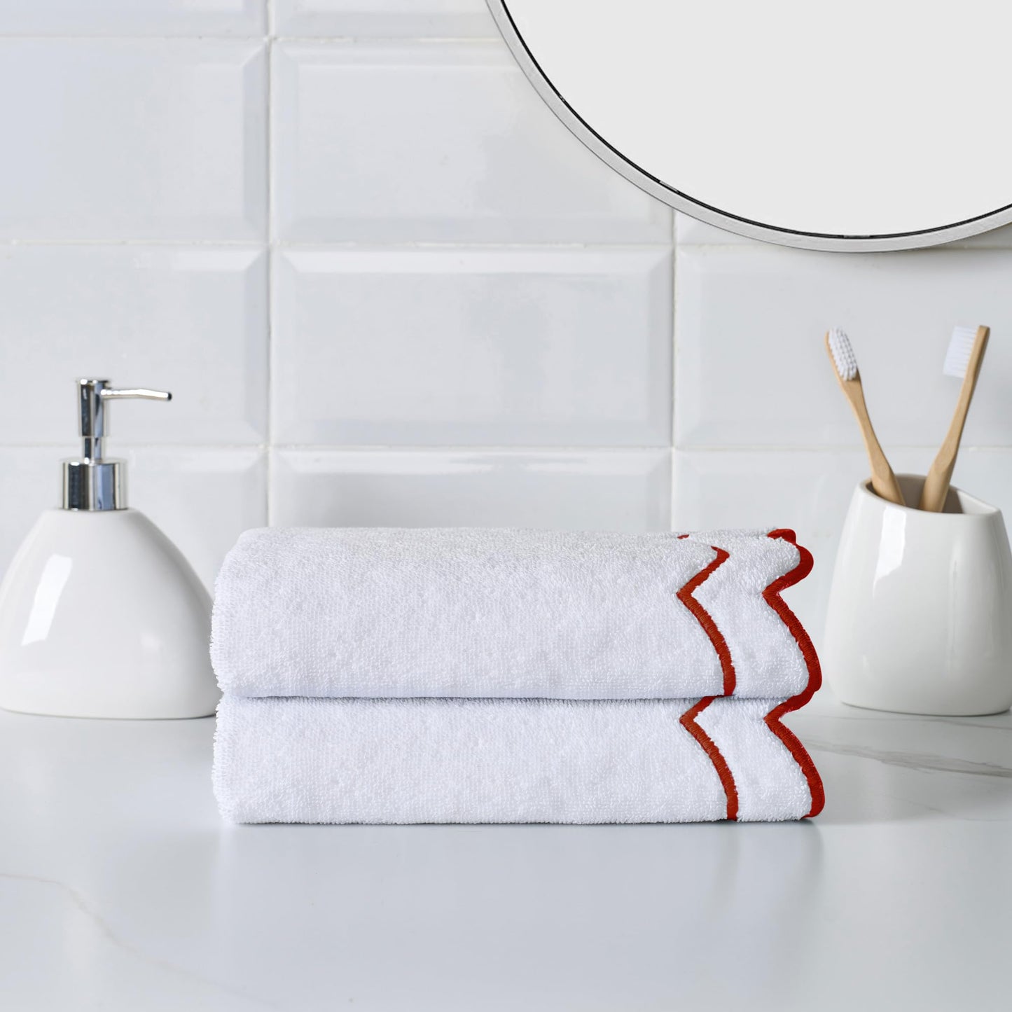 Peri Home 100% Cotton Hand Towel for Bathroom, Embroidered, Soft & Absorbent, 500 GSM, 1 Piece, 16" x 27", White with Blue Scallop