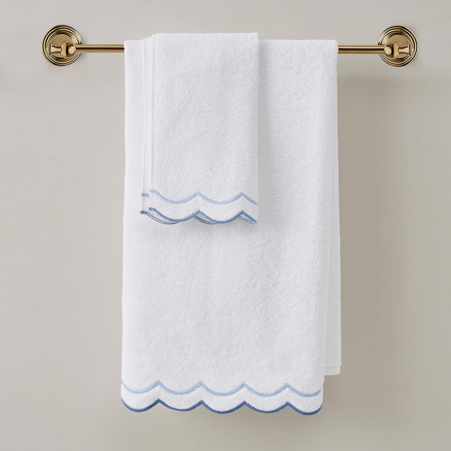 Peri Home 100% Cotton Hand Towel for Bathroom, Embroidered, Soft & Absorbent, 500 GSM, 1 Piece, 16" x 27", White with Blue Scallop
