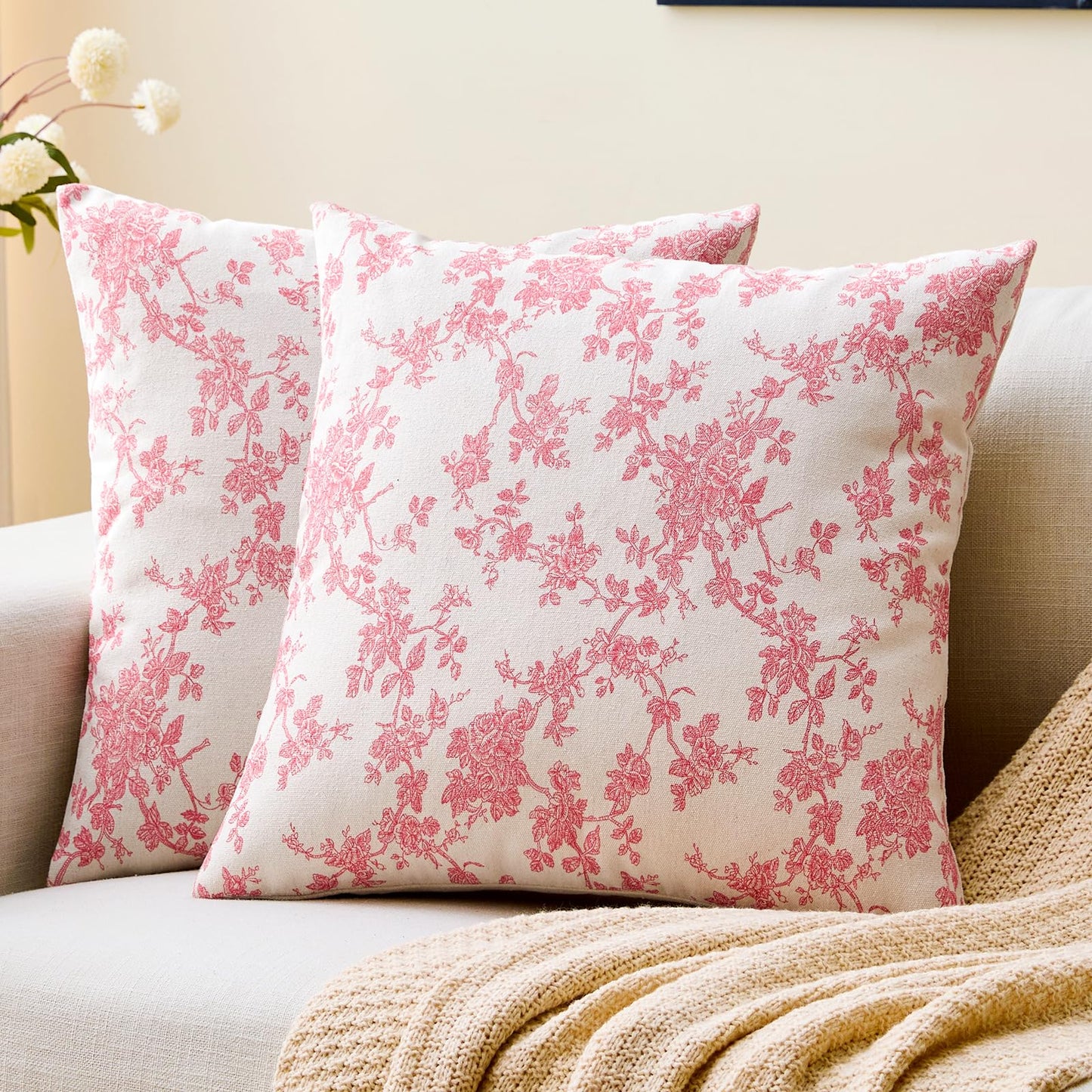 Cotton Pastoral Floral Throw Pillow Covers 18x18 Set of 2