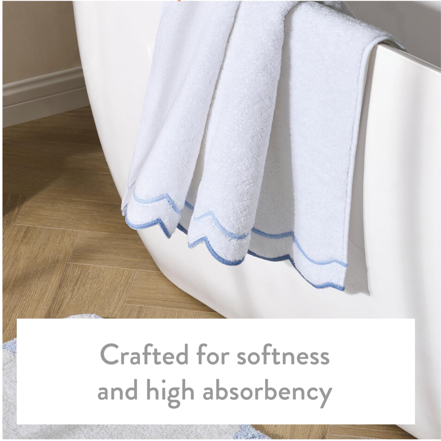 Peri Home 100% Cotton Hand Towel for Bathroom, Embroidered, Soft & Absorbent, 500 GSM, 1 Piece, 16" x 27", White with Blue Scallop
