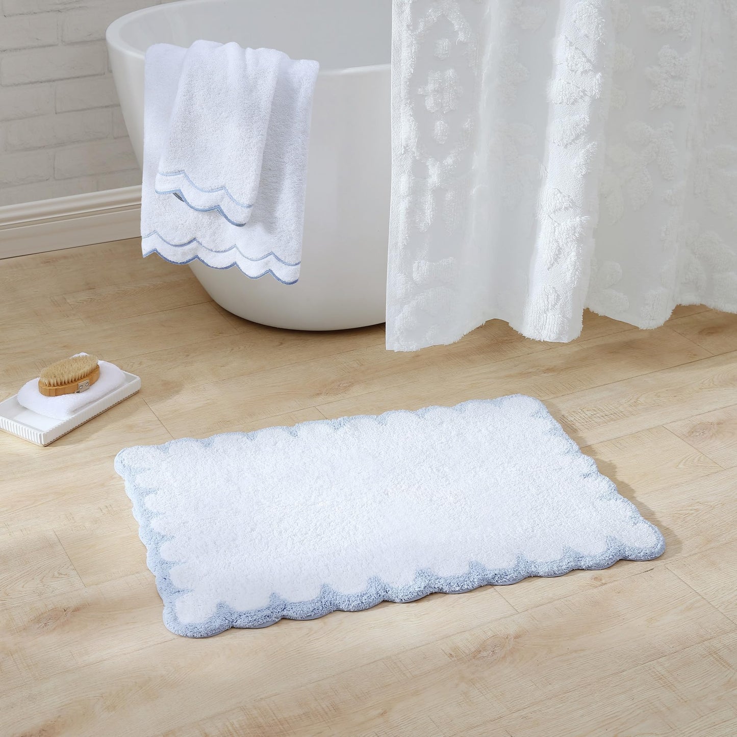 Peri Home 100% Cotton Hand Towel for Bathroom, Embroidered, Soft & Absorbent, 500 GSM, 1 Piece, 16" x 27", White with Blue Scallop