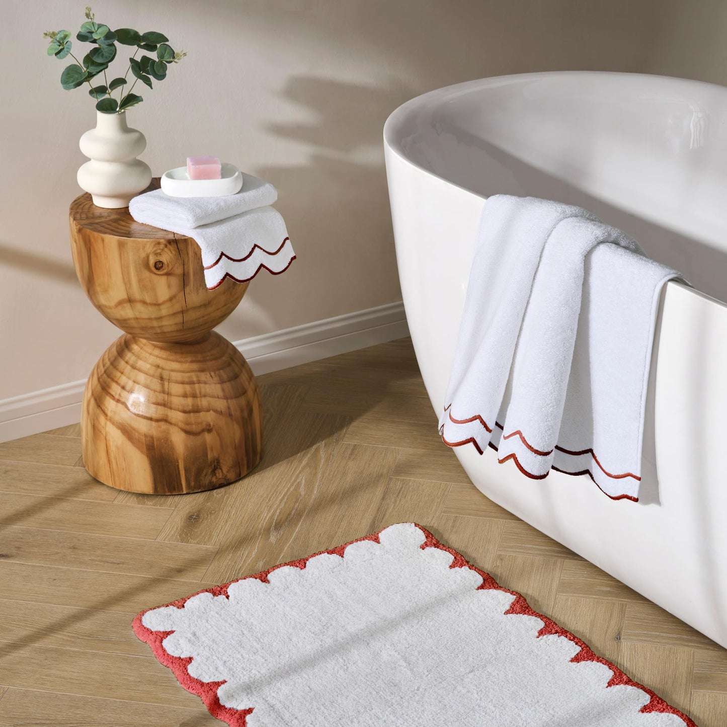 Peri Home 100% Cotton Hand Towel for Bathroom, Embroidered, Soft & Absorbent, 500 GSM, 1 Piece, 16" x 27", White with Blue Scallop
