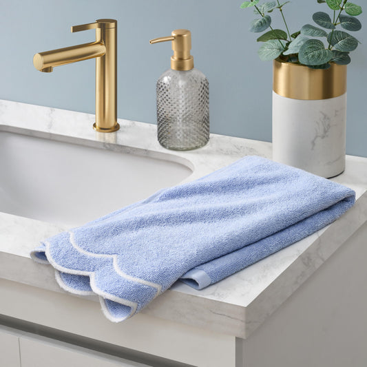 Peri Home 100% Cotton Hand Towel for Bathroom, Embroidered, Soft & Absorbent, 500 GSM, 1 Piece, 16" x 27", White with Blue Scallop
