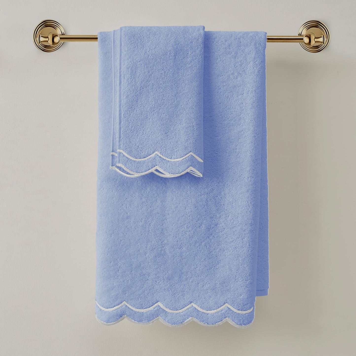 Peri Home 100% Cotton Hand Towel for Bathroom, Embroidered, Soft & Absorbent, 500 GSM, 1 Piece, 16" x 27", White with Blue Scallop