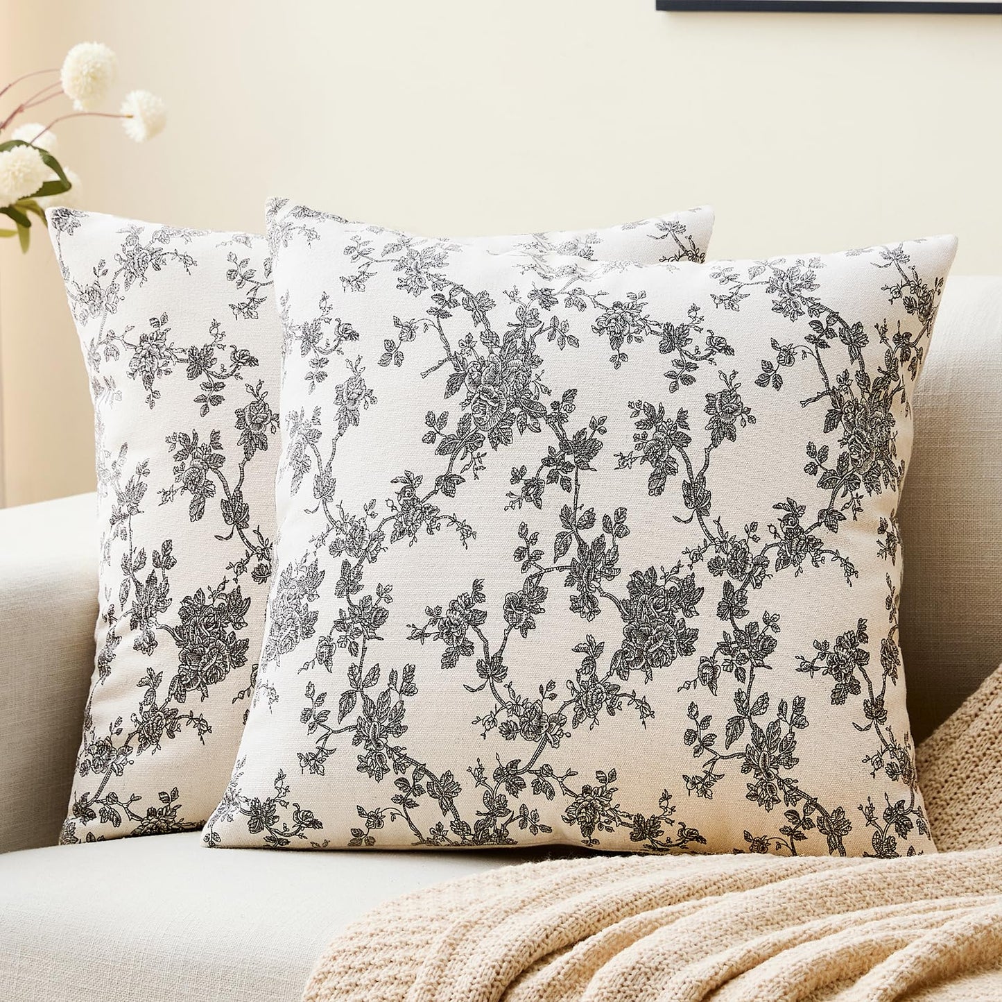 Cotton Pastoral Floral Throw Pillow Covers 18x18 Set of 2
