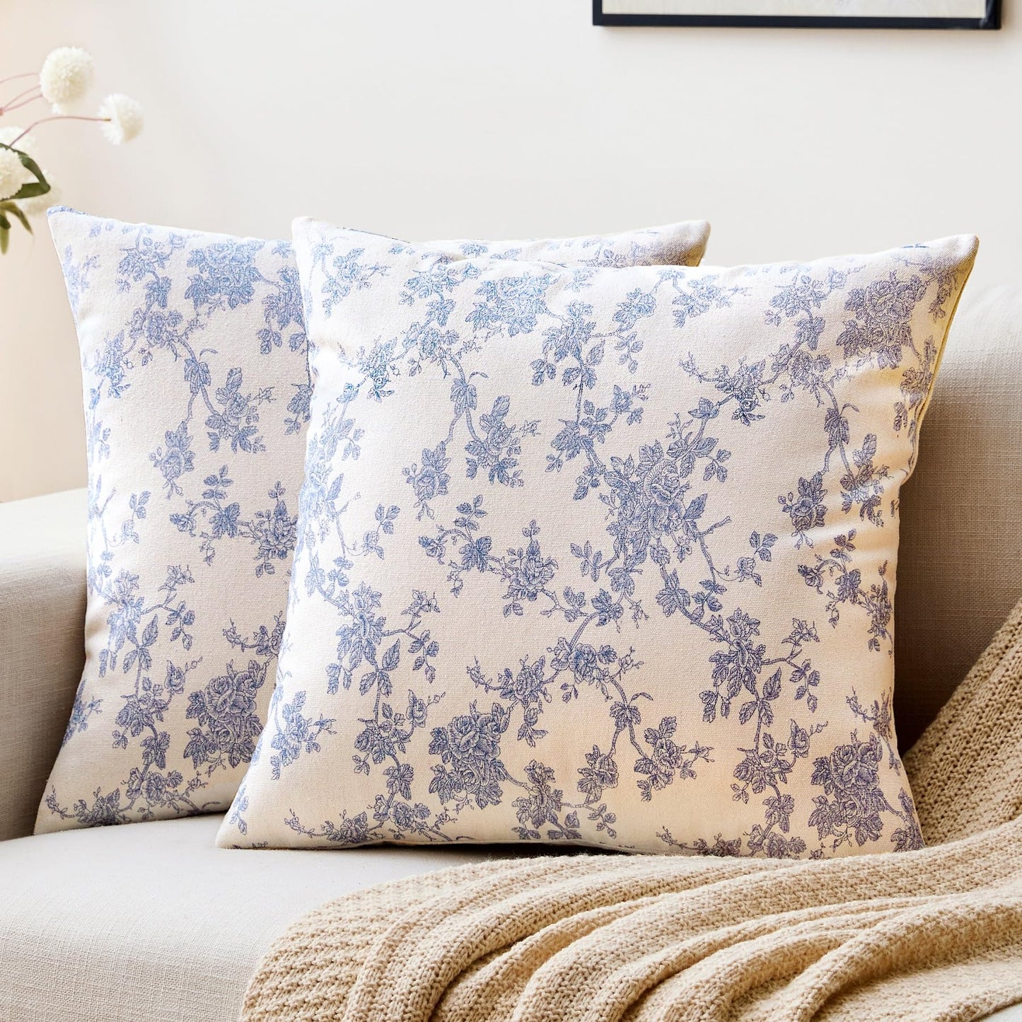 Cotton Pastoral Floral Throw Pillow Covers 18x18 Set of 2