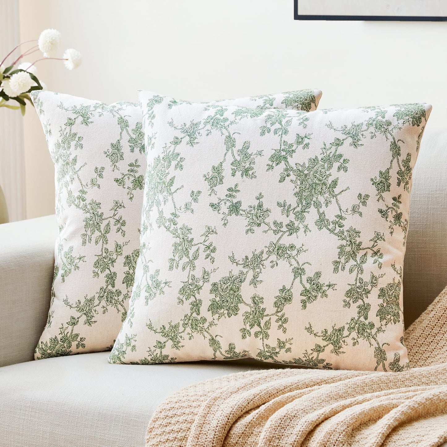 Cotton Pastoral Floral Throw Pillow Covers 18x18 Set of 2