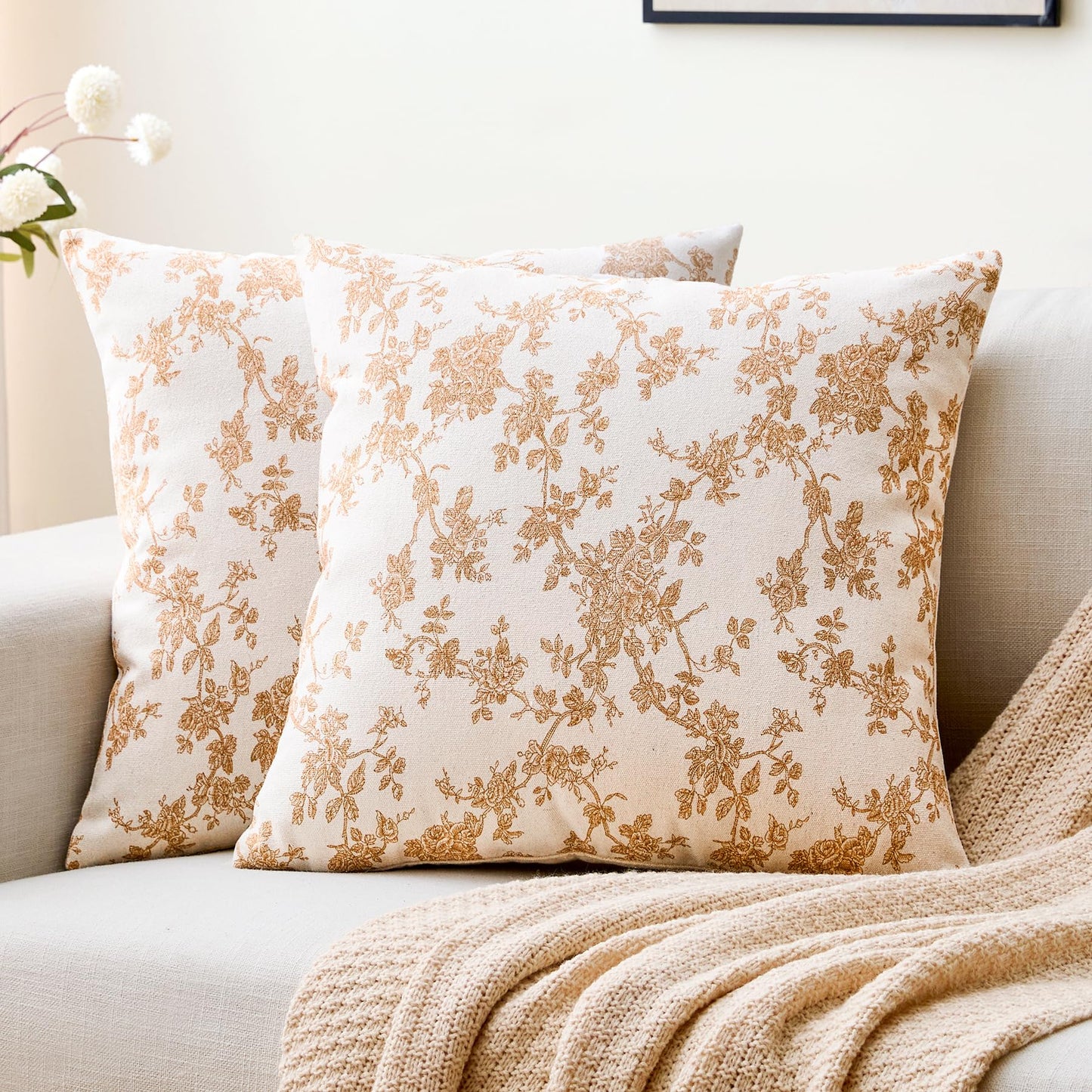 Cotton Pastoral Floral Throw Pillow Covers 18x18 Set of 2